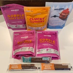 5 bags of BarkBox treats and 3 packs of chew sticks